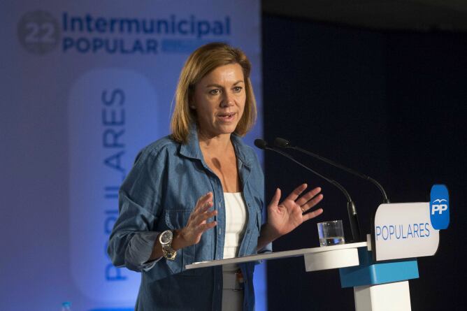 La secretaria general del Partido Popular, María Dolores de Cospedal, durante su intervención en la 22 Unión Intermunicipal Popular en Murcia