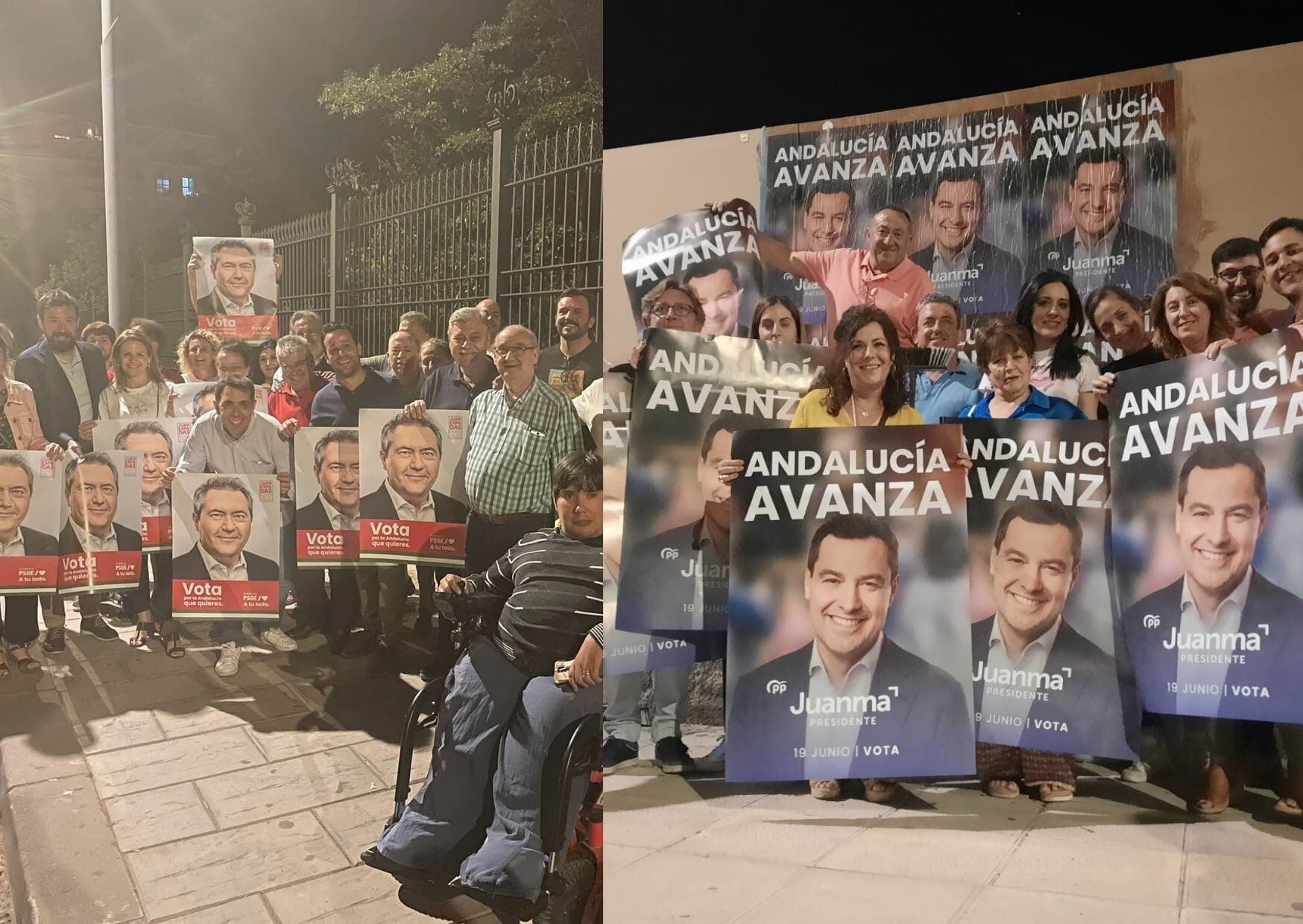 PSOE y PP en la pegada de carteles para el 19J en Linares.