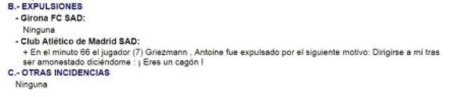 El acta del Girona-Atlético de Madrid.