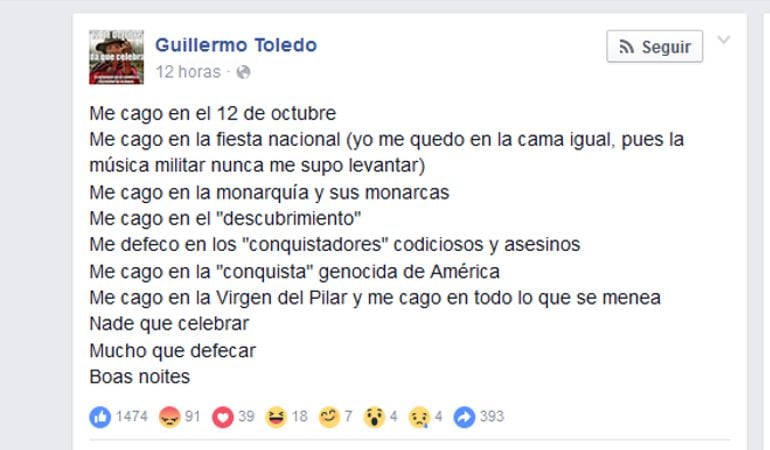 La opinión de Willy Toledo en su perfil de Facebook.