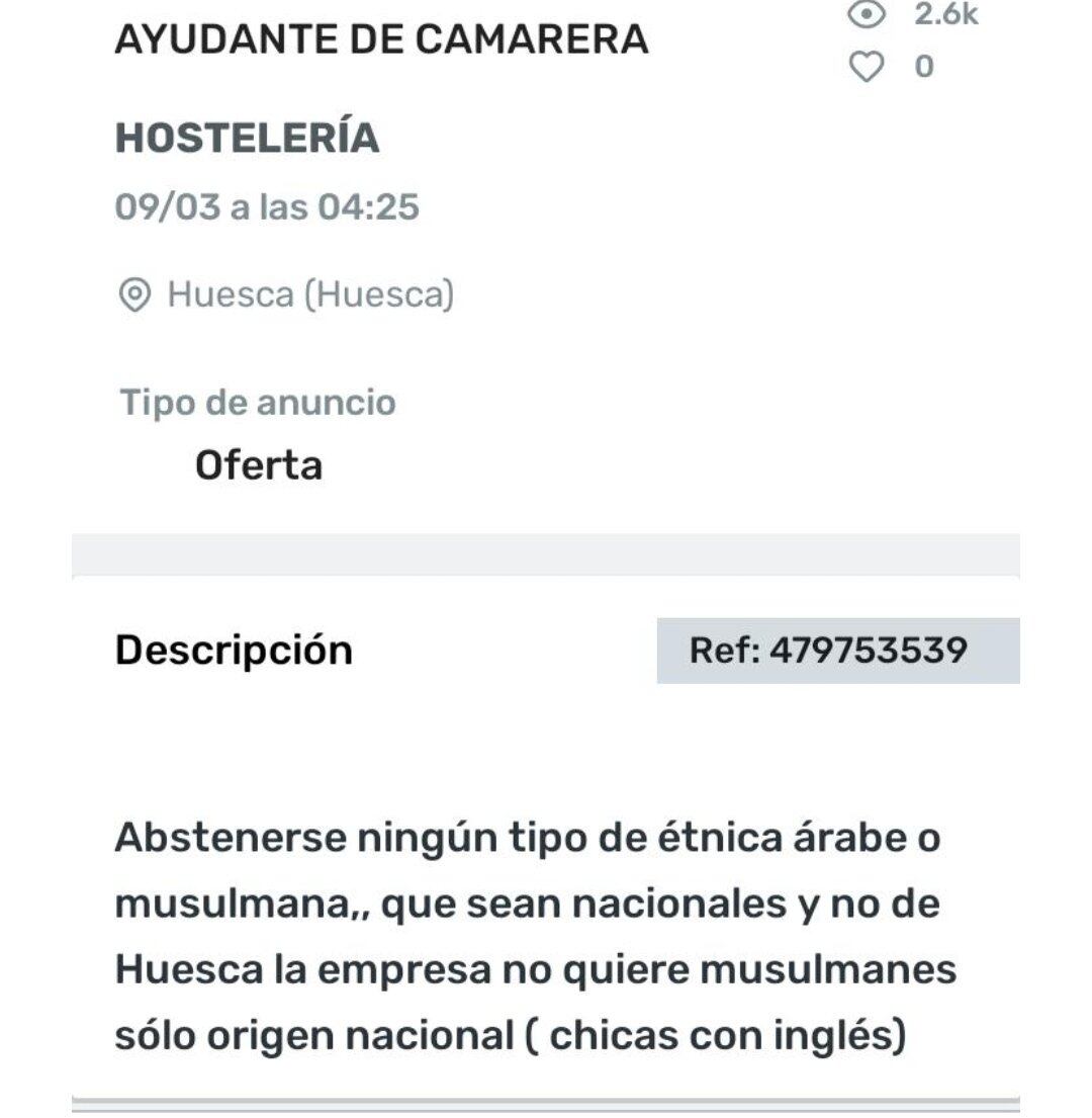 Imagen de la oferta de trabajo excluyente que ya ha sido eliminada de un conocido portal de ofertas de empleo