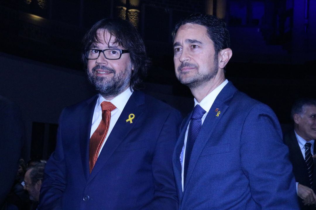 Damià Calvet, conseller de territori i sostenibilitat i Ricard Font, president dels Ferrocarrils de la Generalitat a l'acte de celebració dels 40 anys dels FGC