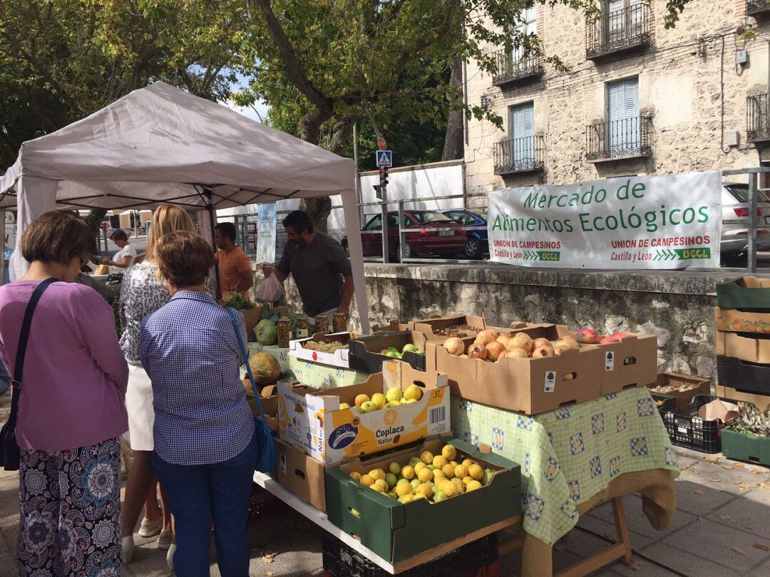 varias personas esperan su turno para comprar en un puesto de un mercadode Segovia en una imagen de archivo.