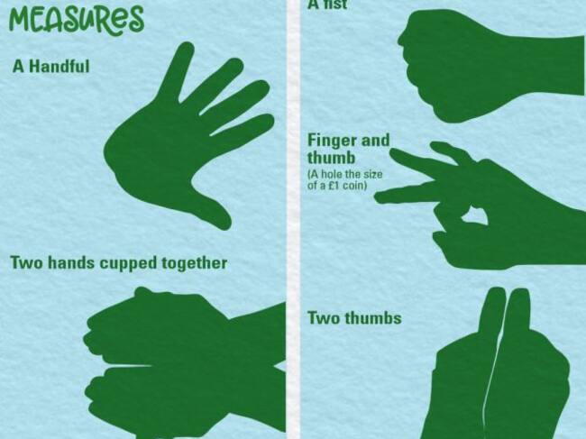 La palma, el puño o el diámetro que se forma al juntar el índice con el pulgar, como medida de referencia.