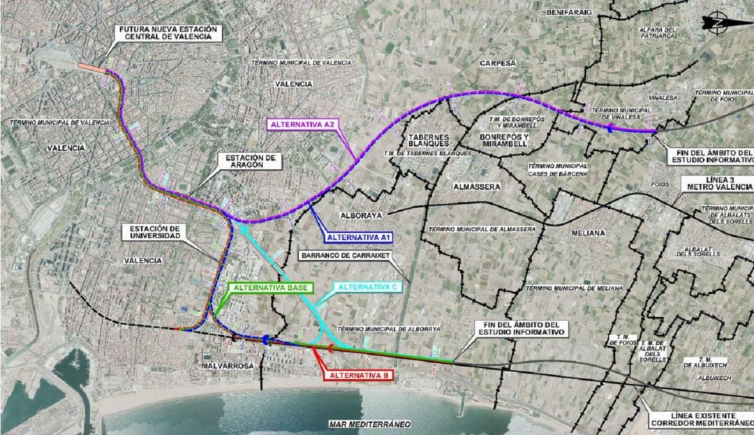 Alternativas que se plantean para el túnel pasante y la doble plataforma ferroviaria entre València y Castelló 