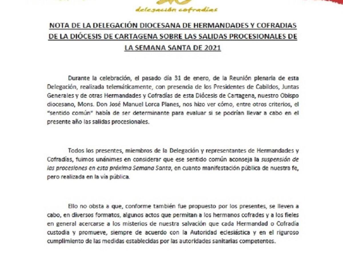 No habrá procesiones de Semana santa en la Región de Murcia por segundo año consecutivo