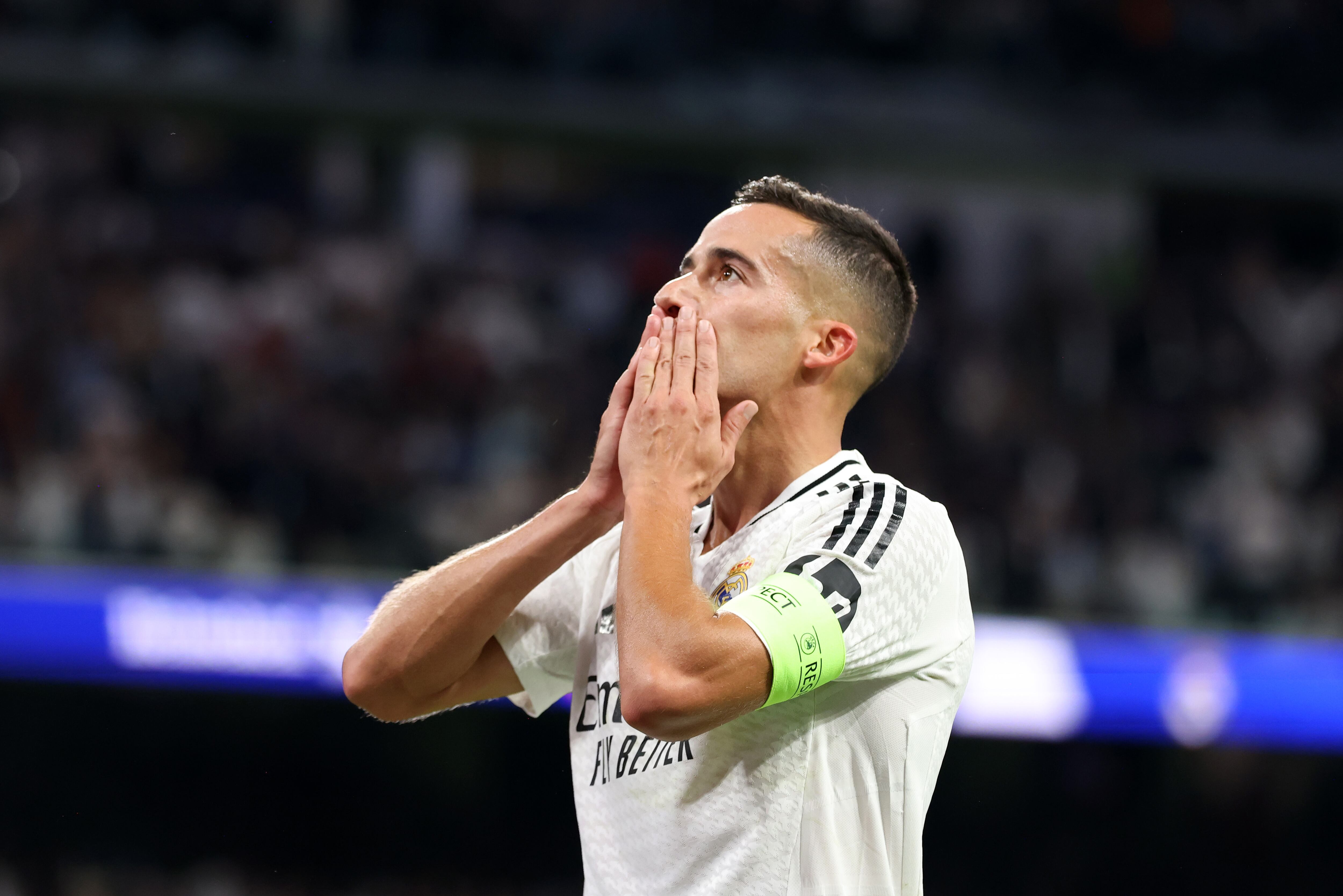 MADRID, SPAIN - OCTOBER 22: Lucas Vazquez of Real Madrid celebrates scoring his team's third goal during the UEFA Champions League 2024/25 League Phase MD3 match between Real Madrid C.F. and Borussia Dortmund at Estadio Santiago Bernabeu on October 22, 2024 in Madrid, Spain. (Photo by Florencia Tan Jun - UEFA/UEFA via Getty Images)