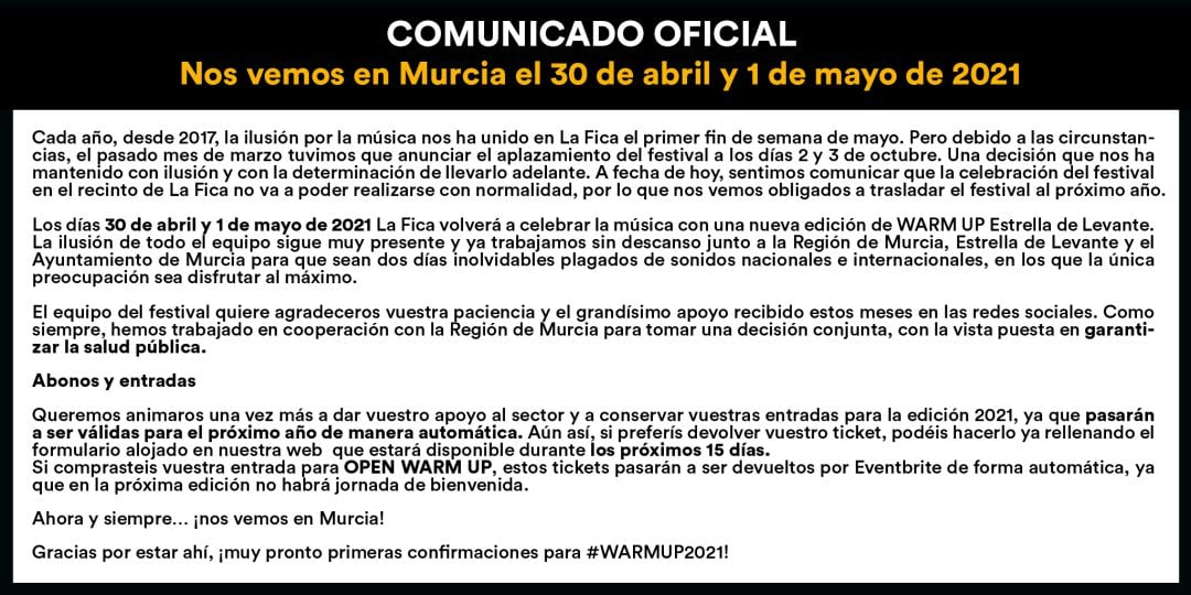 Comunicado oficial de aplazamiento del Warm Up Festival