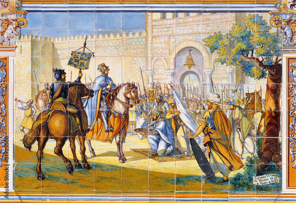 Azulejo de la Plaza de España de Sevilla que recuerda la Reconquista de Toledo por Alfonso VI