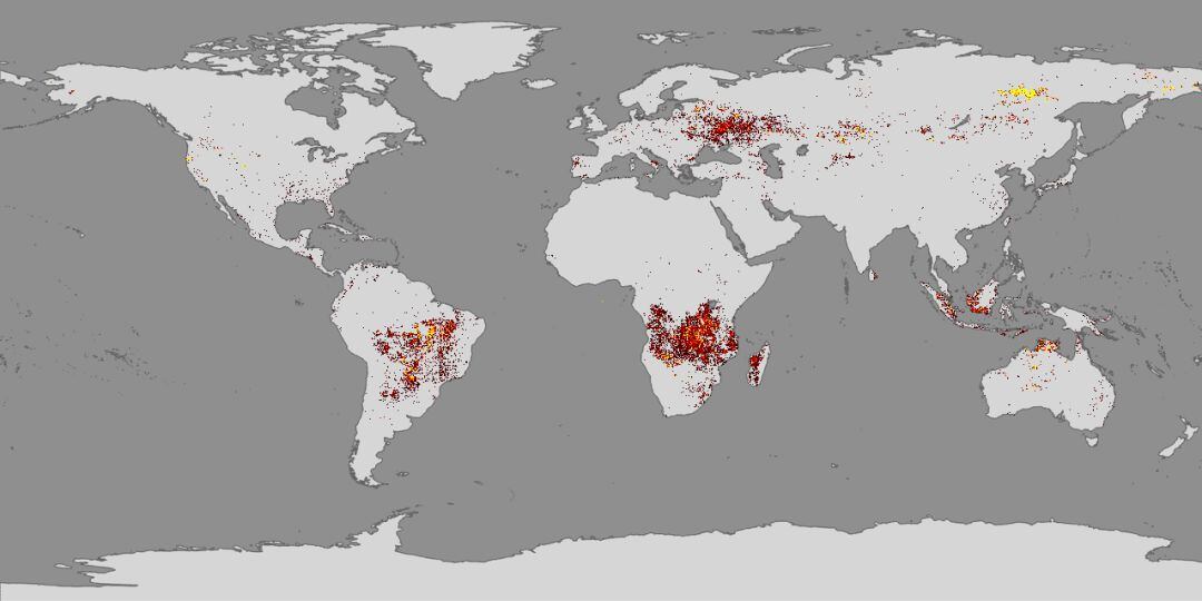 Mapa de los incendios en el mundo facilitado por la NASA en su página web 