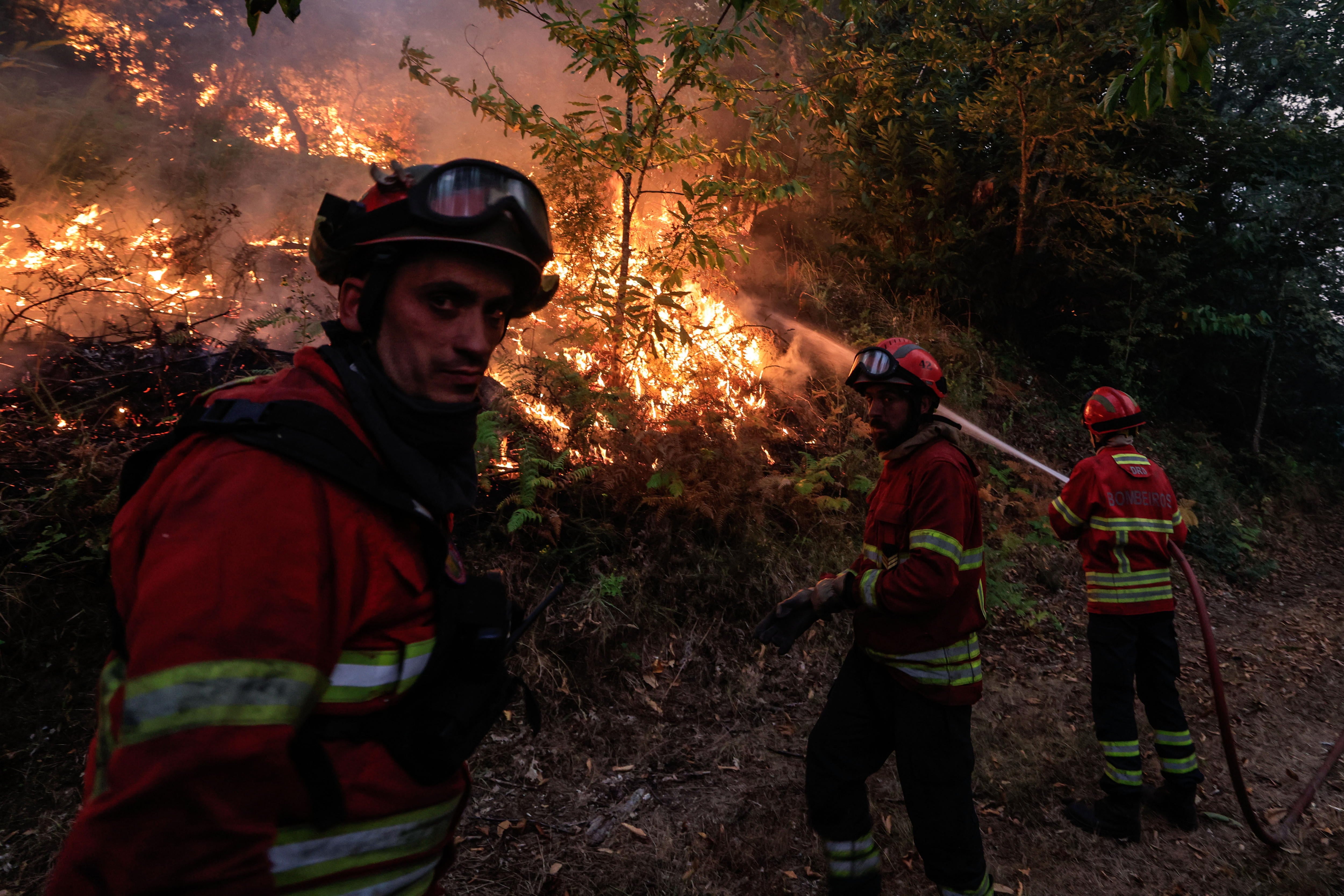 Una ola de fuegos afecta al norte y al centro de Portugal y ha provocado al menos tres muertos. En la imagen, los bomberos luchan contra el fuego en Bornes de Aguiar.