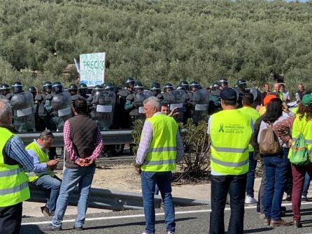 Algunos manifestantes, frente a la formación de agentes antidisturbios de la Guardia Civil