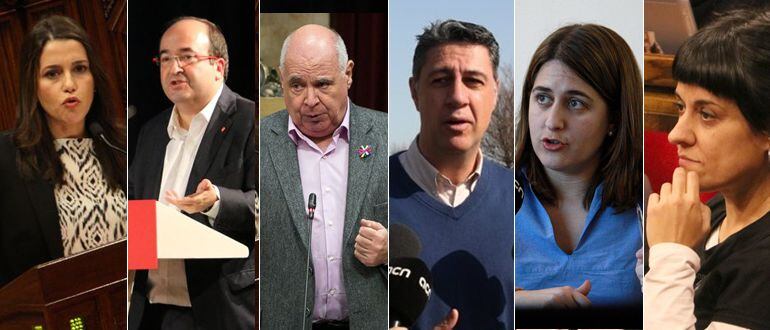 De izquierda a derecha:Inés Arrimadas (C´s), Miquel Iceta (PSC), Lluis Rabell (Cataluña Sí que es Pot), Xabier García Albiol (PP), Mirei Boya (CUP) y Marta Pascal (Junts Pel Sí)