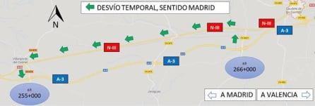 Mapa de desvíos en la A-3, en dirección Madrid, por las obras de reasfaltado del tramo entre Caudete de las Fuentes y Villagordo del Cabriel.