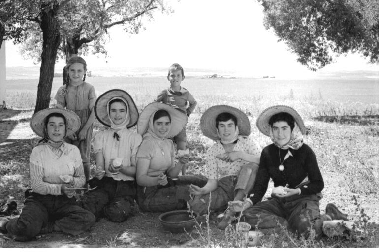 Un grupo de segadoras, durante la comida en el tajo.