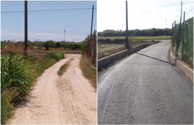 Antes y después de los trabajos de adecuación de caminos rurales que se ha llevado a cabo en Campanar y Castellar-l’Oliveral