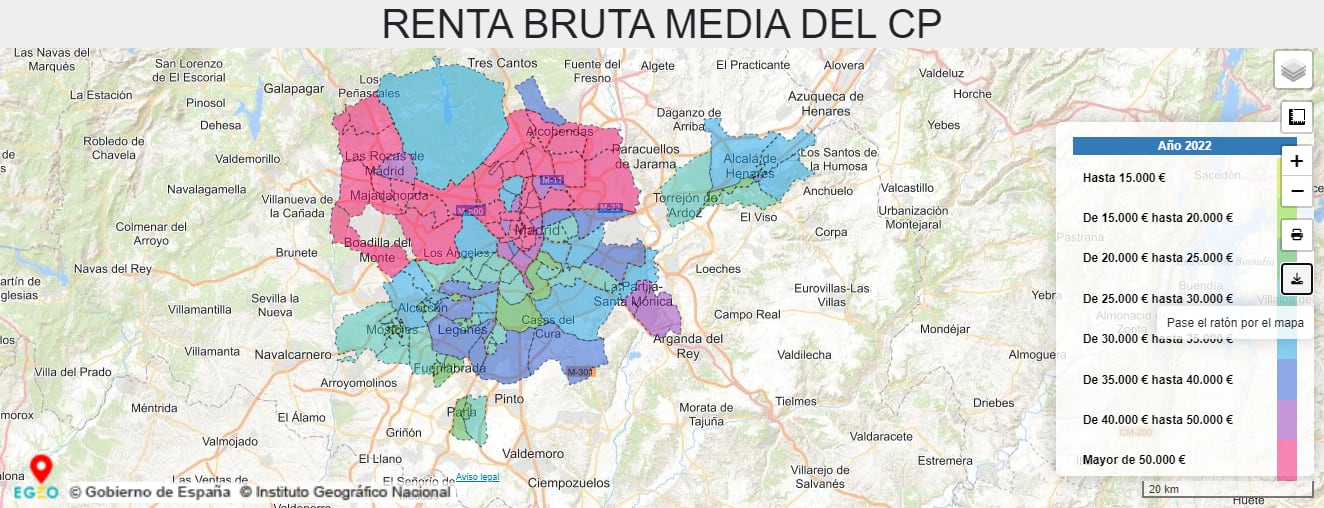 El mapa de la Agencia Tributaria refleja la brecha salarial entre el norte y el sur de la Comunidad de Madrid, pero también las diferencias entre barrios