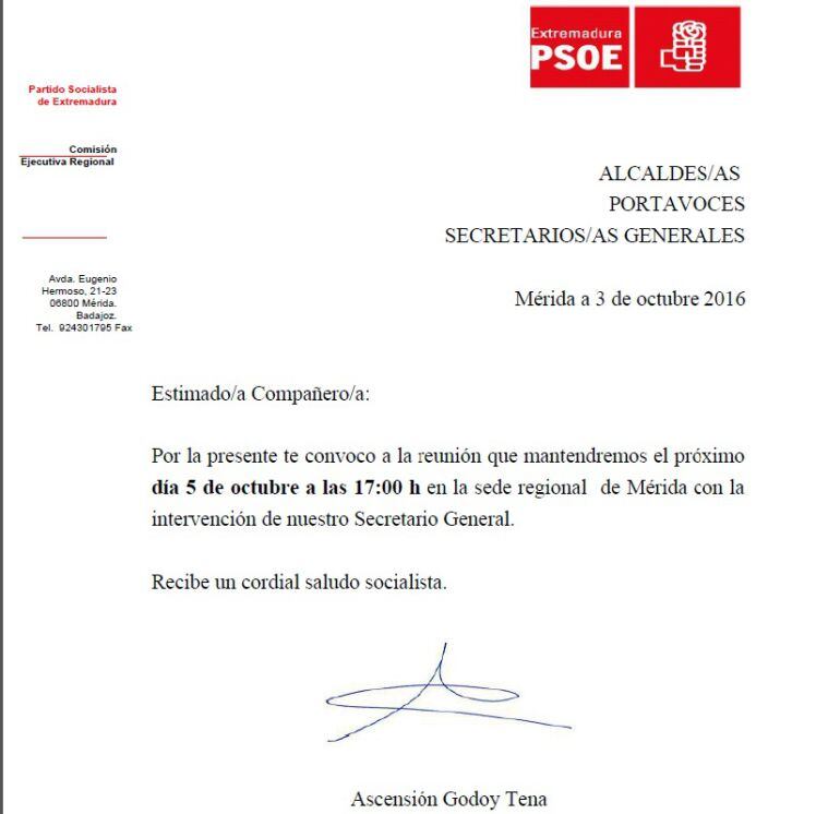 Convocatoria para la reunión del PSOE de esta tarde