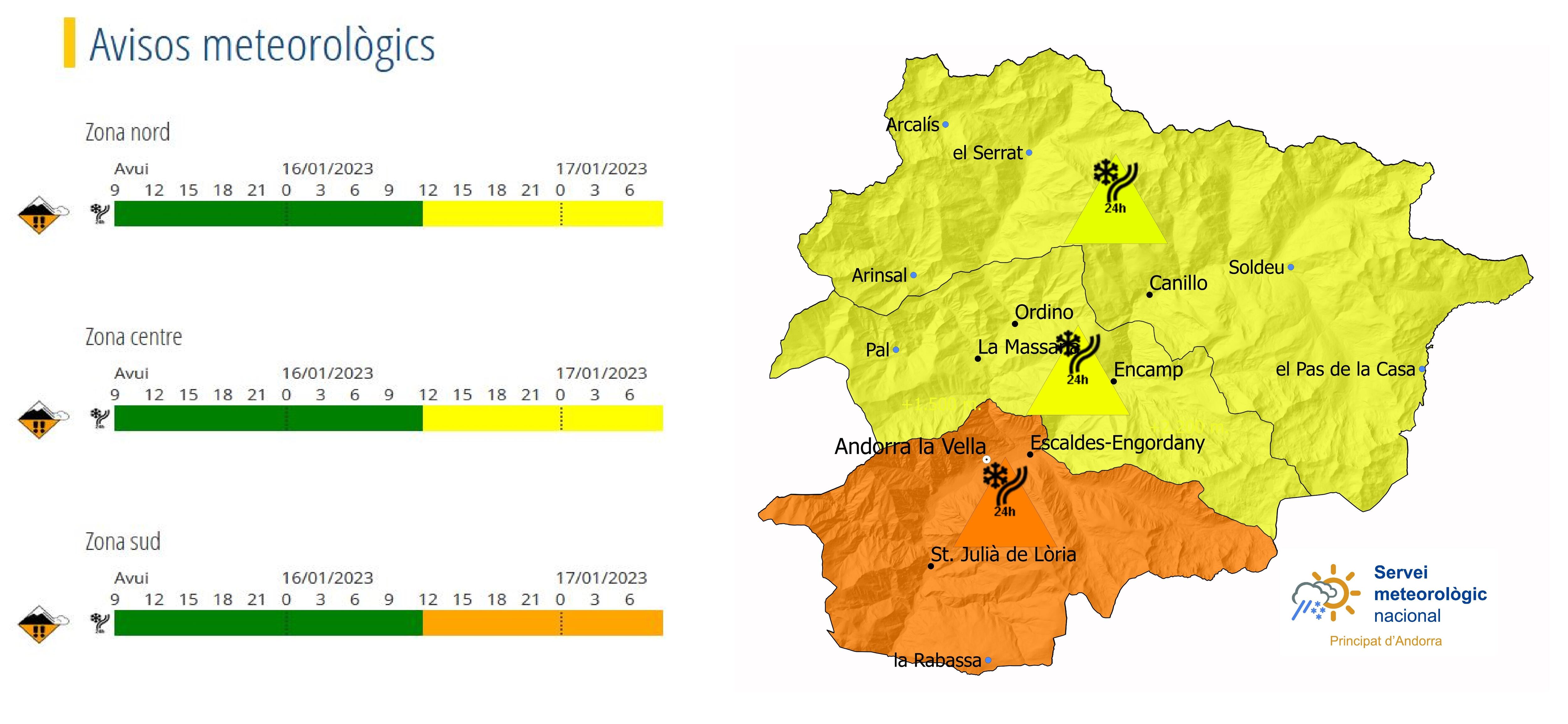 Mapa d'avisos per nevades d'aquest dilluns.
