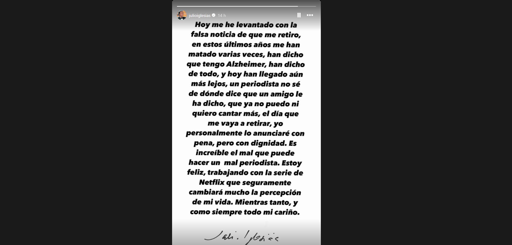 Imagen de la publicación de Julio Iglesias, en Instagram.