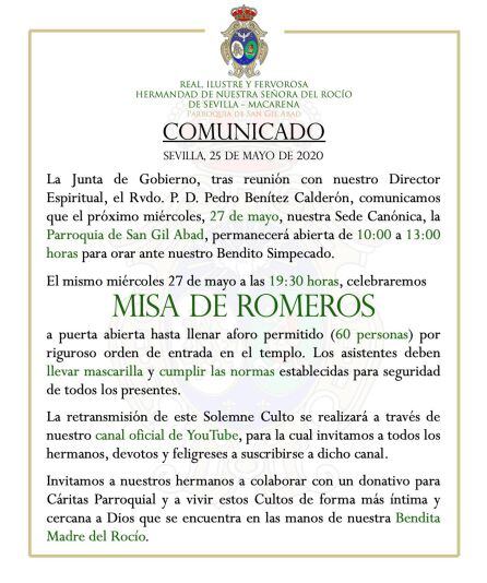 Comunicado de la Hermandad del Rocío de la Macarena