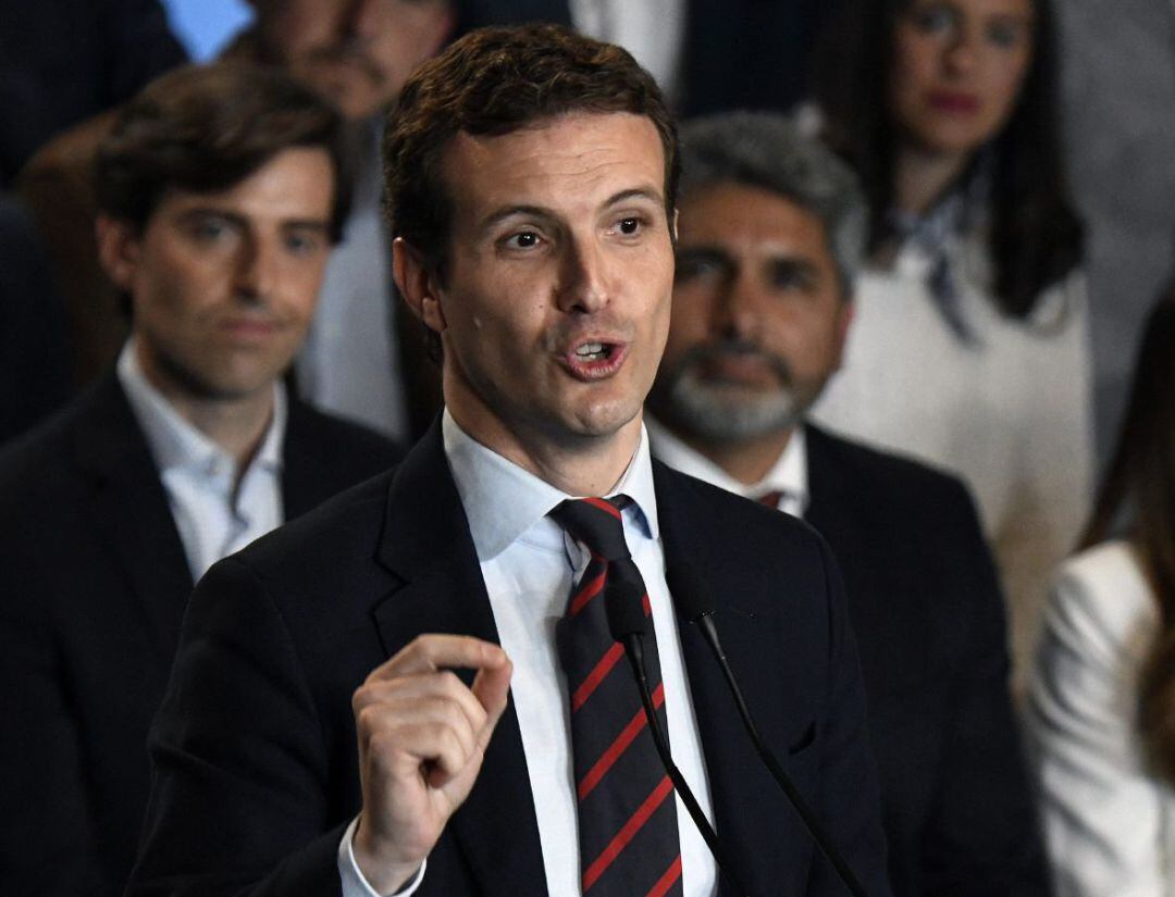 El presidente del PP, Pablo Casado, interviene durante el acto de presentación de los cabeza de lista del partido para las próximas elecciones generales