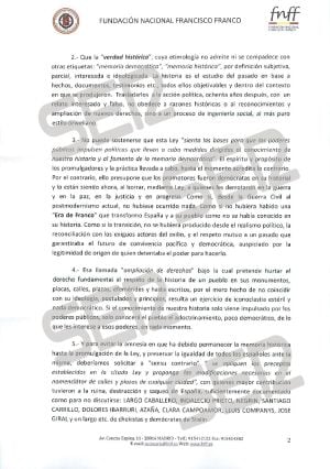 Carta enviada por la Fundación Francisco Franco (página 2 de 3).