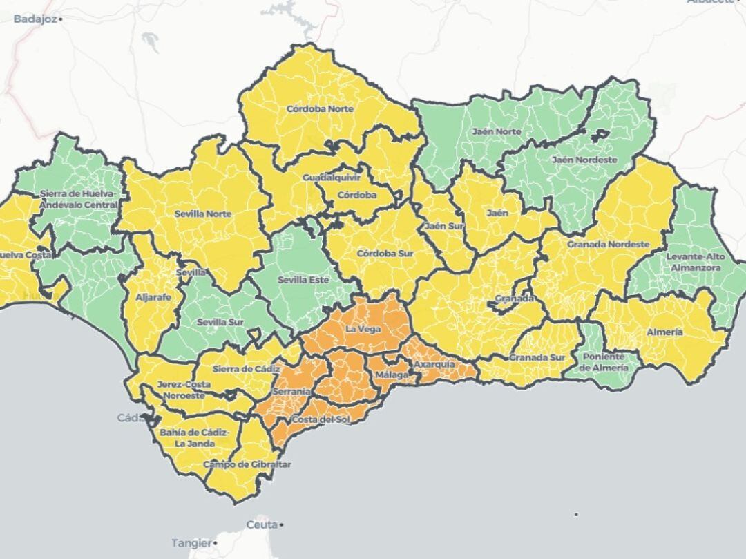 Mapa de los niveles de alerta sanitaria en Andalucía