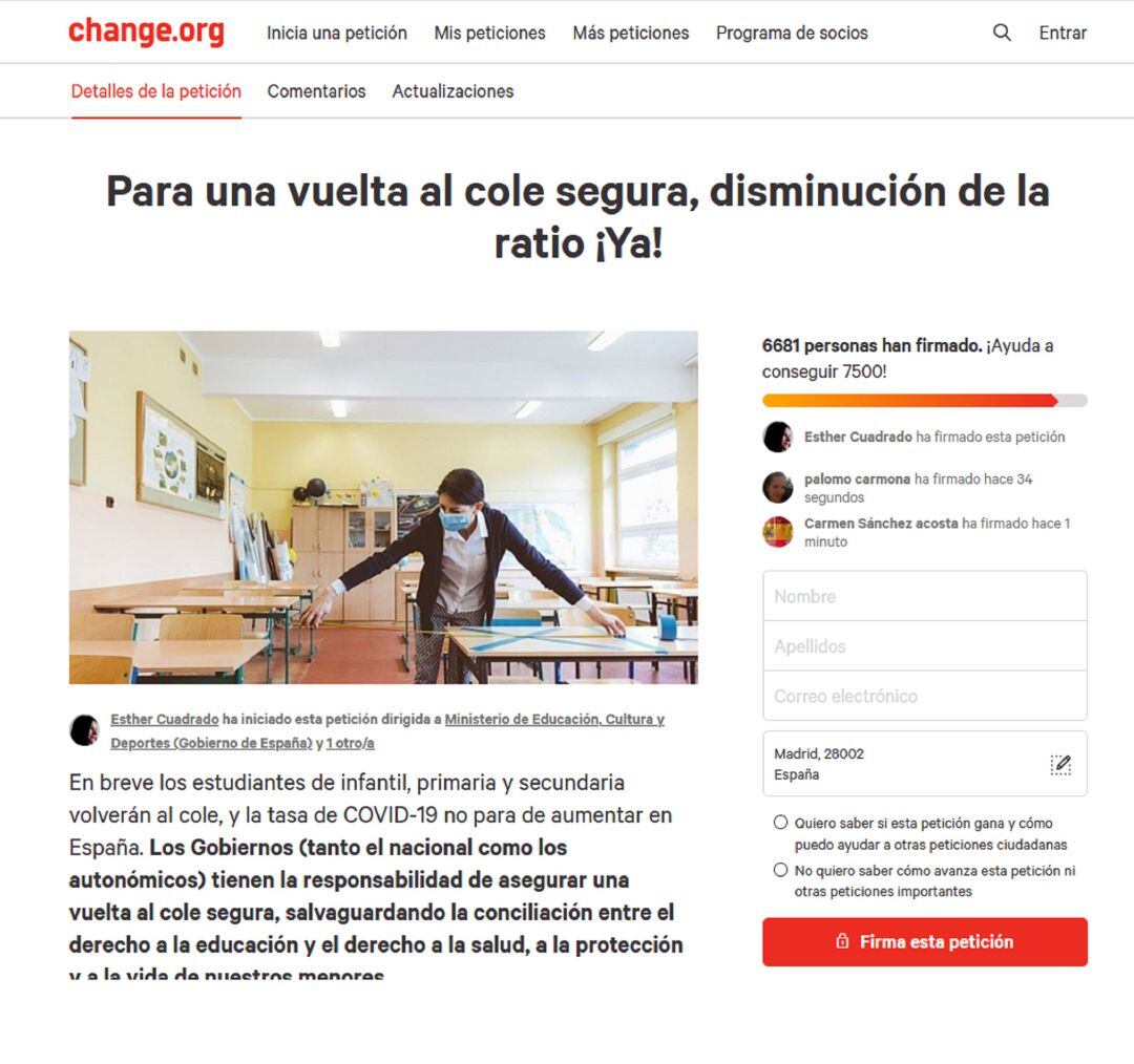 Petición en change.org para una vuelta al cole segura