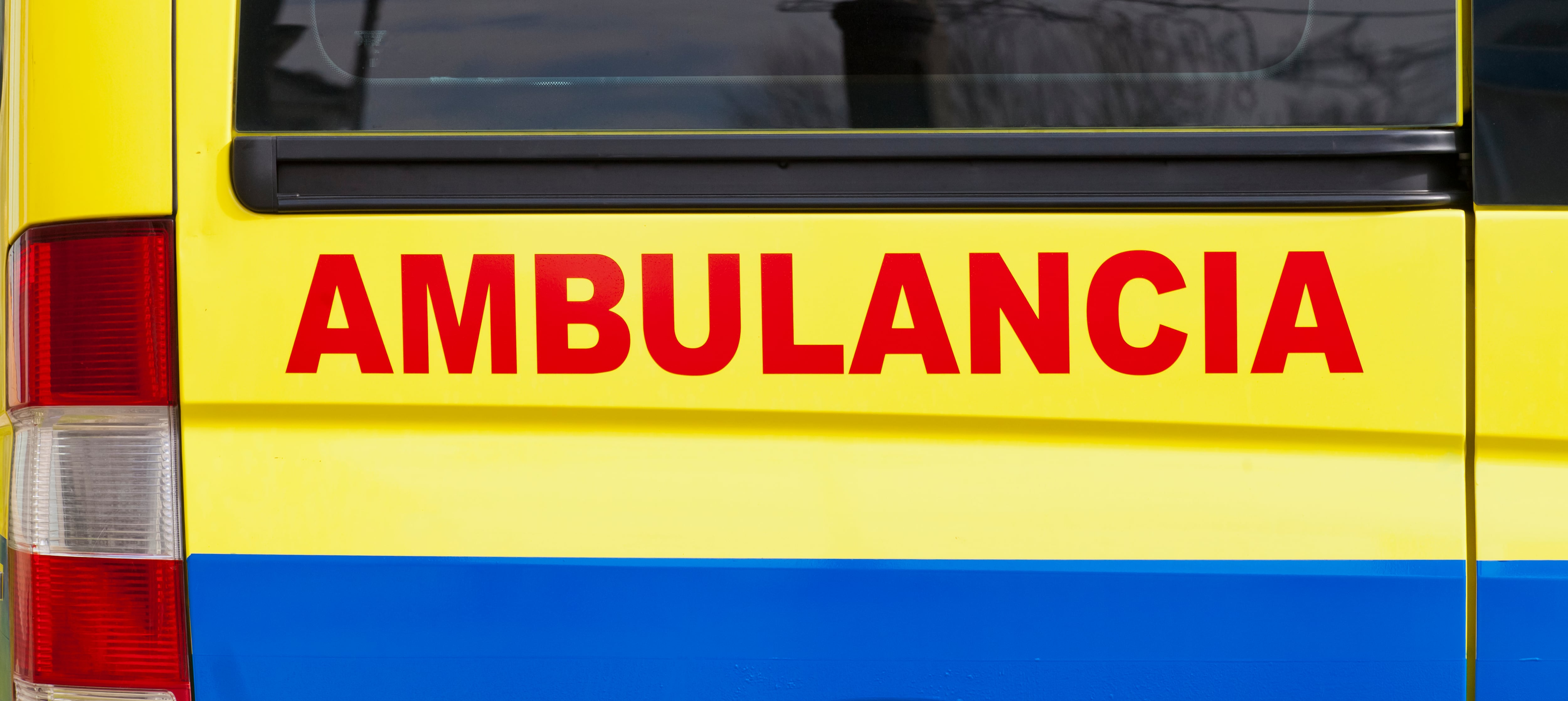 Stationary ambulance, rear close-up view .  Health service, Galicia, Spain.