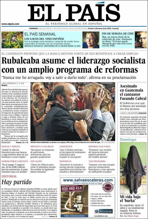 El País: &quot;Rubalcaba asume el liderazgo socialista con un amplio programa de reformas&quot;