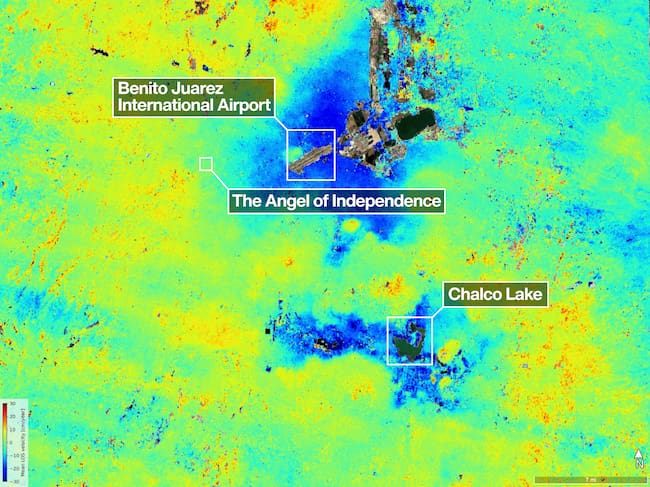 Imagen compartida por la NASA del hundimiento de Ciudad de México.