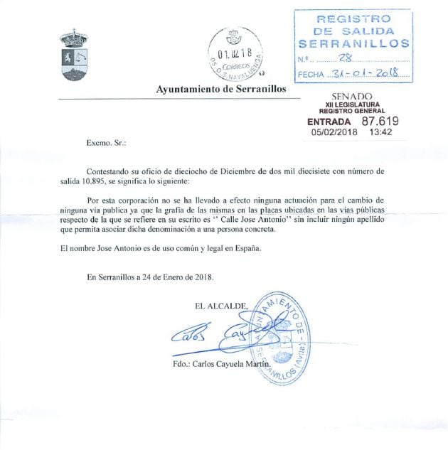 Carta enviada por el alcalde de Serranillos al Senado