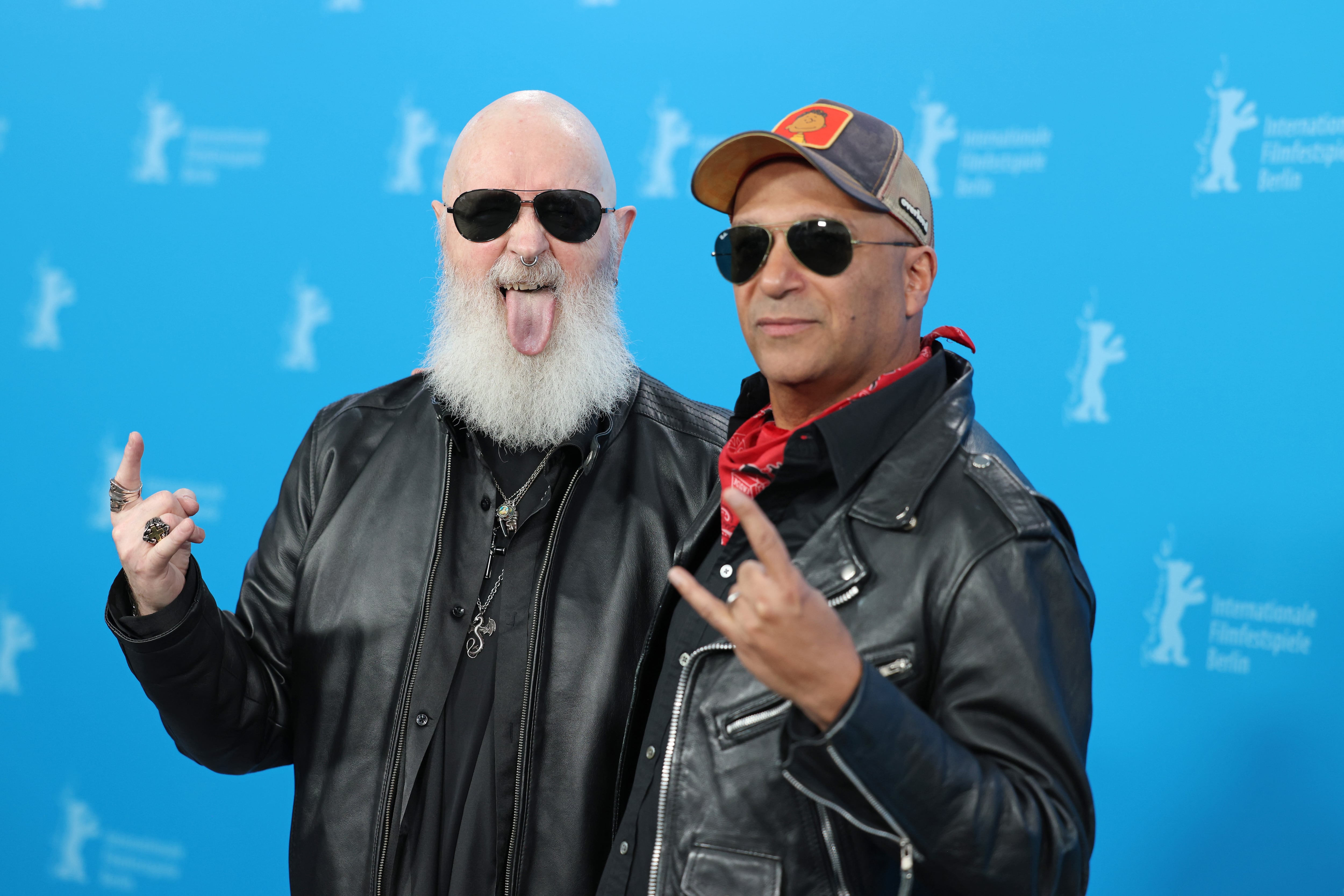 BERLIN, GERMANY - FEBRUARY 15: Rob Halford and Tom Morello pose at the "The Ballad Of Judas Priest" photocall during the 76th Berlinale International Film Festival Berlin at Grand Hyatt Hotel on February 15, 2026 in Berlin, Germany. (Photo by Gerald Matzka/Getty Images)
