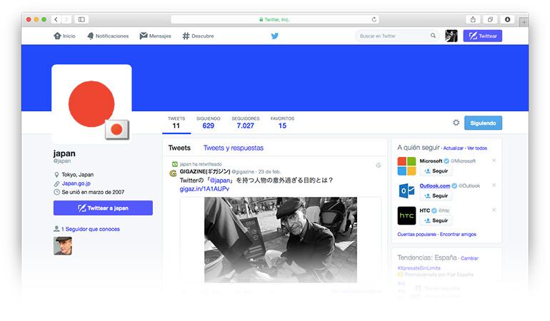 Aspecto actual de la cuenta de Twitter ‘@japan’ después de ser entregada