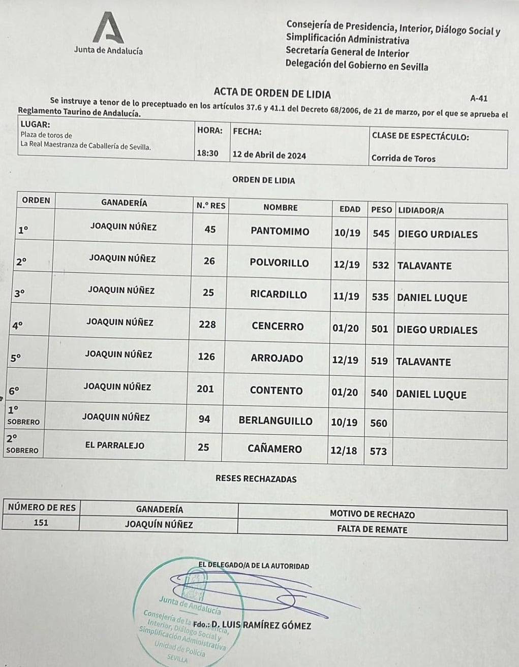 Orden de lidia de los toros de Núñez del Cuvillo para este viernes de preferia en la Maestranza