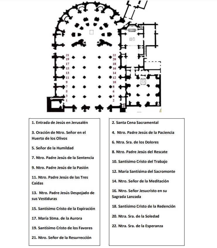 Ubicación de los pasos en el interior de la Catedral de Granada cara a la Magna Procesión del 14 de octubre de 2023 en Granada