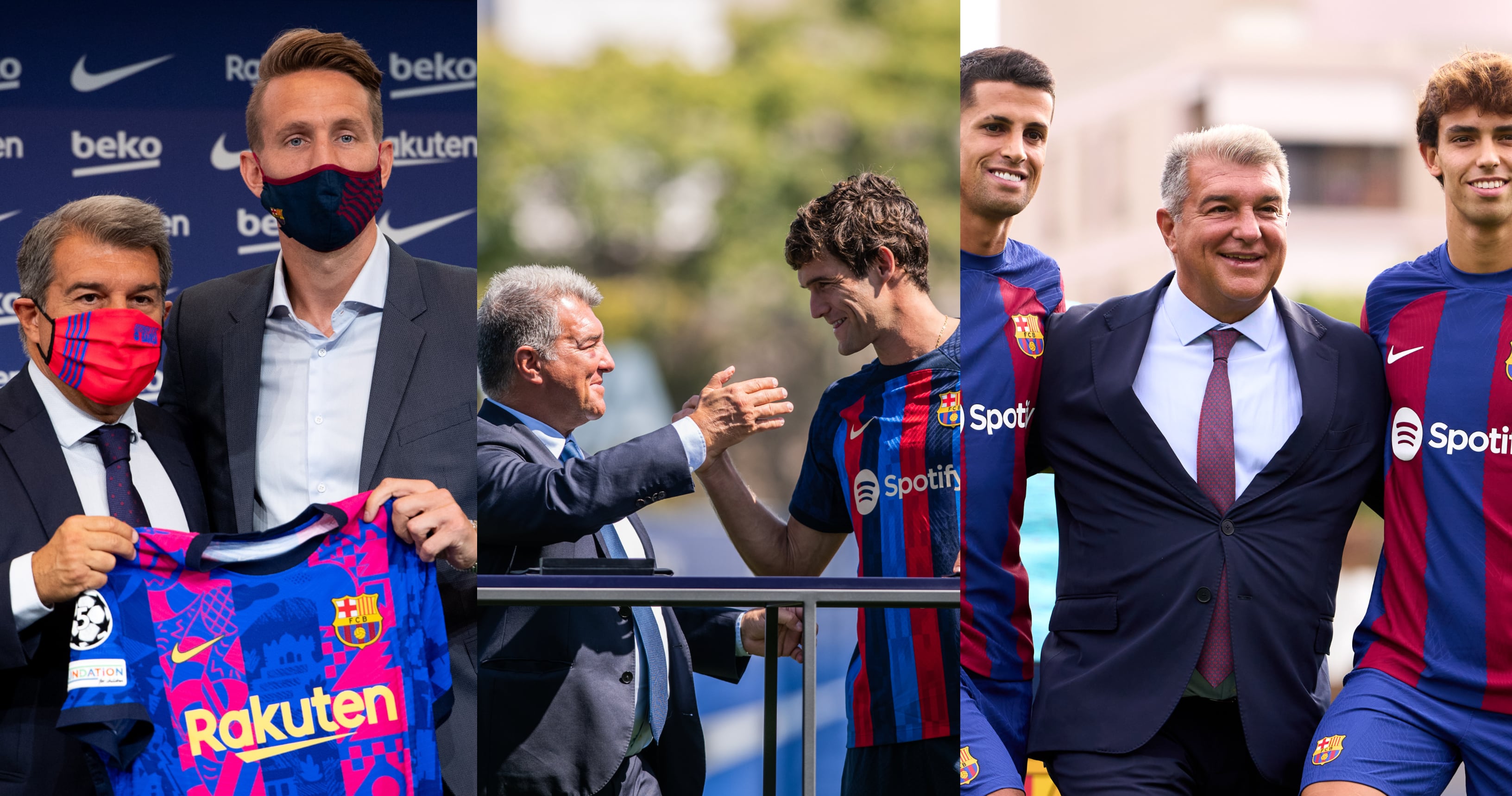 Joan Laporta, con Luuk de Jong, Marcos Alonso, Joao Cancelo y Joao Félix, en sus presentaciones con el FC Barcelona