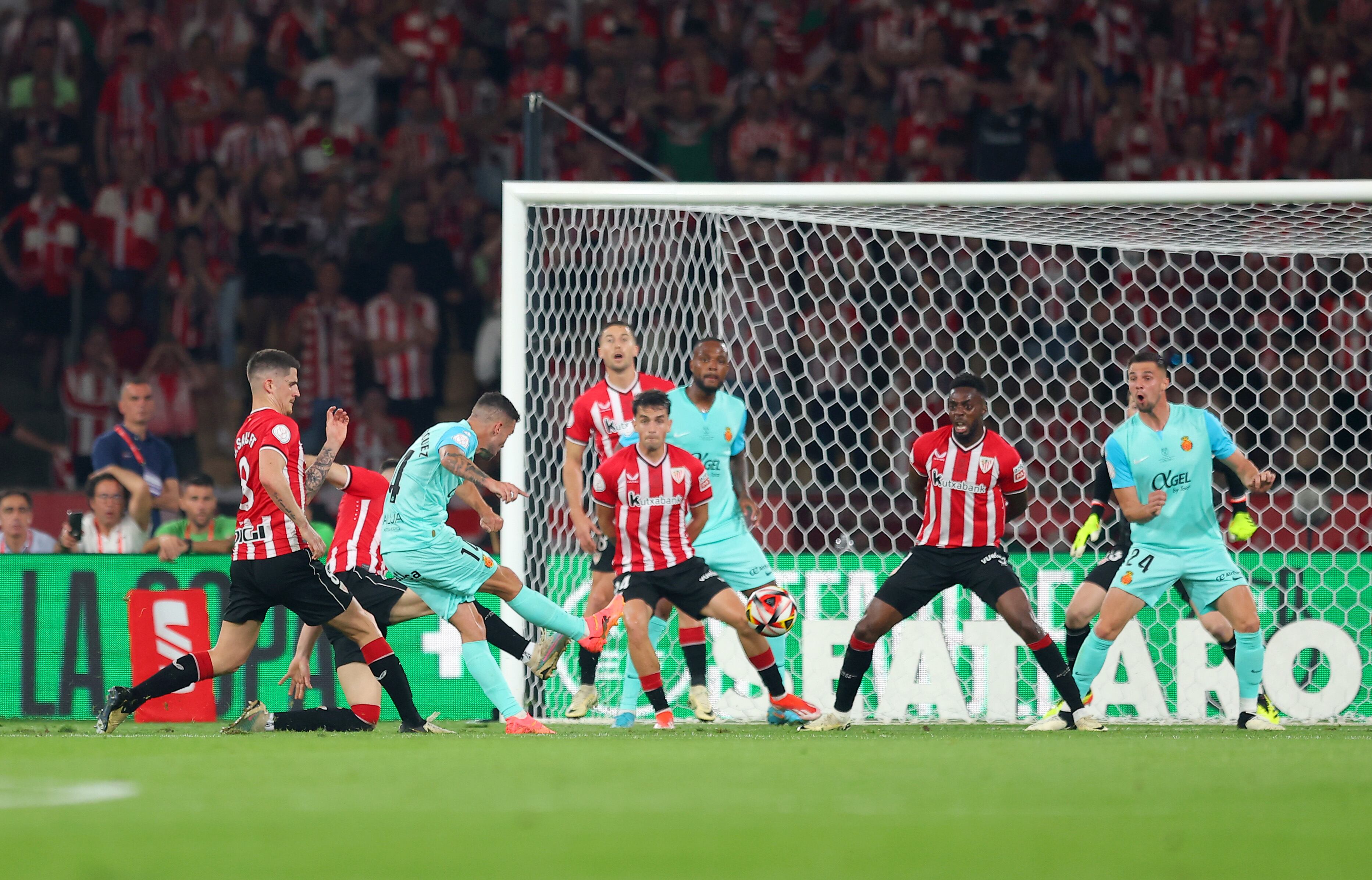 SEVILLE, SPAIN - APRIL 06: Dani Rodriguez of RCD Mallorca scores his team&#039;s first goal during the Copa Del Rey Final between Athletic Club and Real Mallorca at Estadio de La Cartuja on April 06, 2024 in Seville, Spain. (Photo by Fran Santiago/Getty Images)