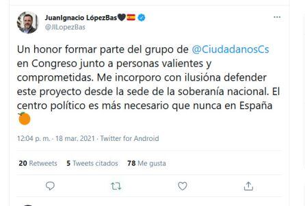 Publicación de López-Bas confirmando que acepta el cargo de diputado por Ciudadanos