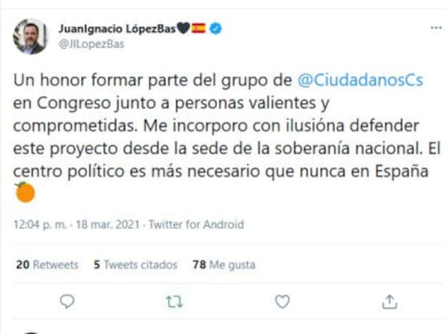 Publicación de López-Bas confirmando que acepta el cargo de diputado por Ciudadanos