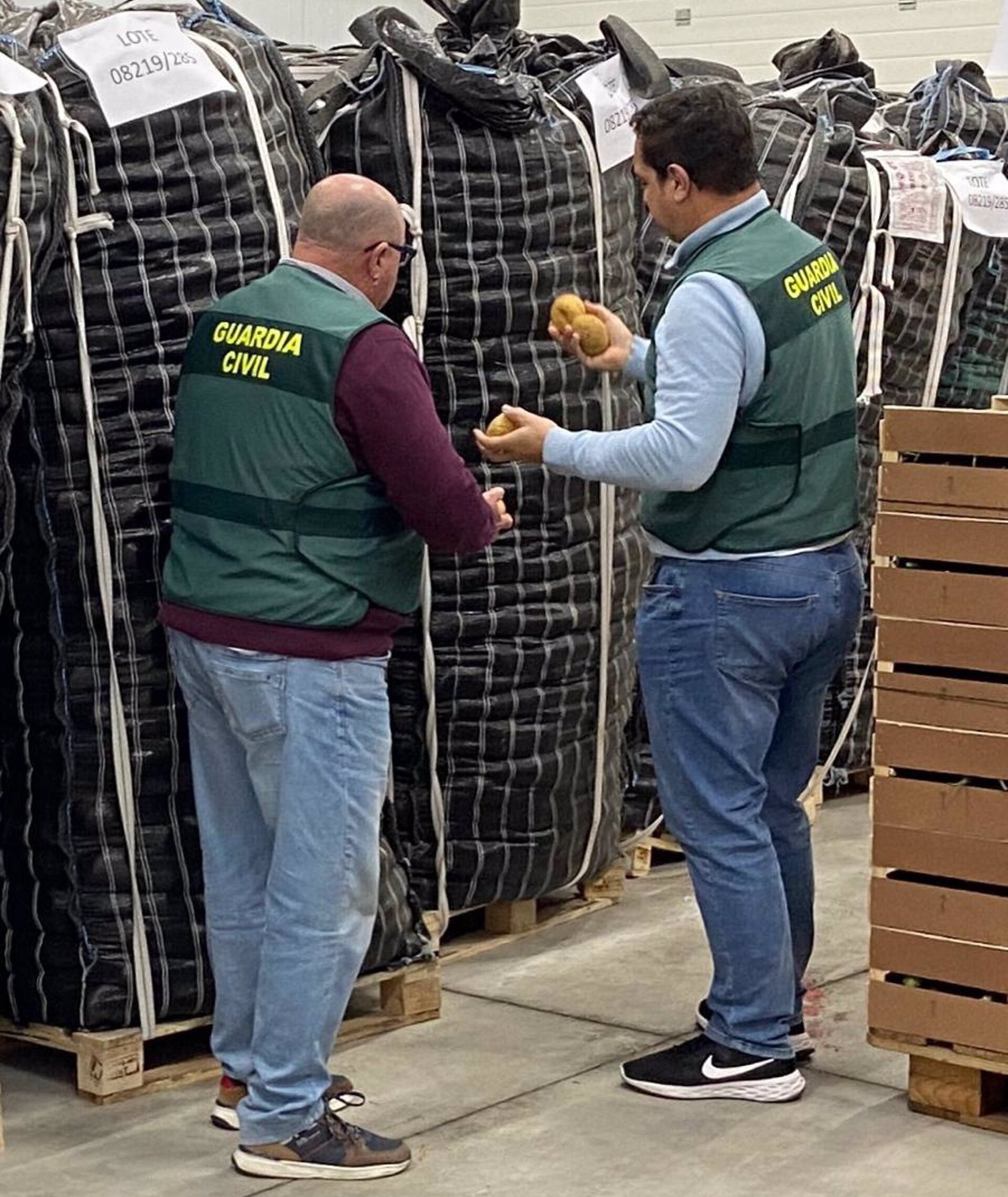 Guardias civiles inspeccionan patatas etiquetadas fraudulentamente