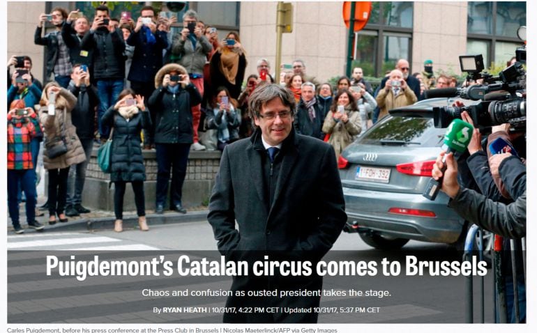 la portada del portal político.ue donde califica la puesta en escena del presidente catalán en Bruselas, de circo. 