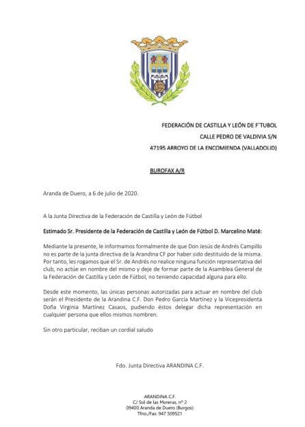 El burofax emitido este miércoles por la Arandina a la FCyLF.