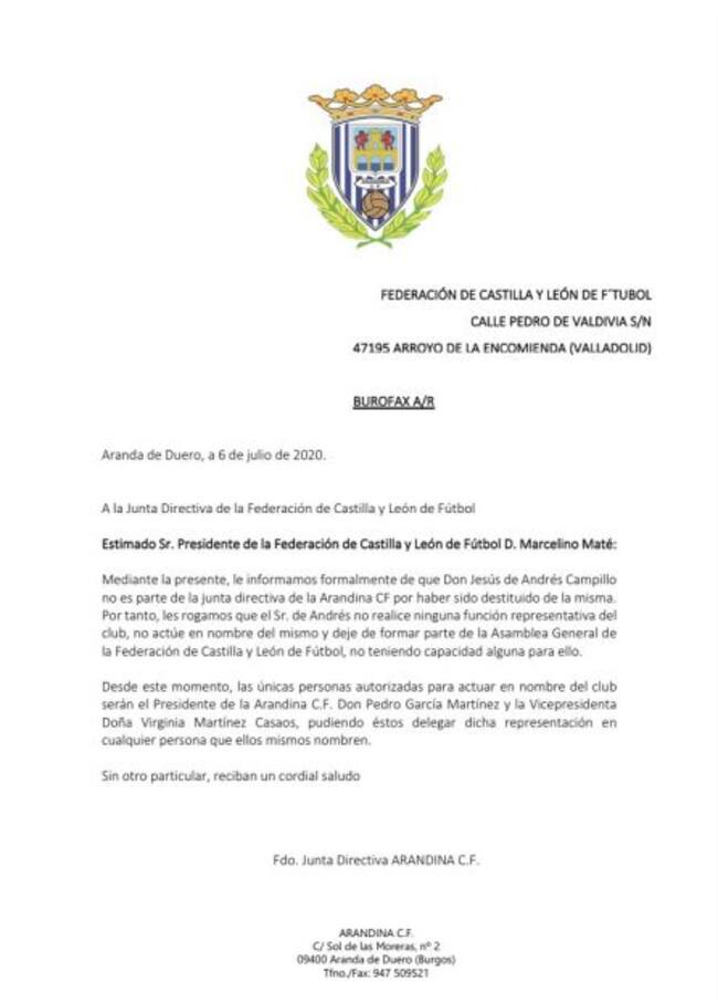 El burofax emitido este miércoles por la Arandina a la FCyLF.