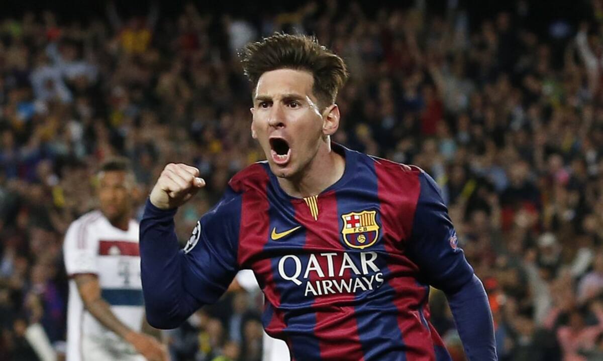 Messi celebra su primer gol al Bayern.