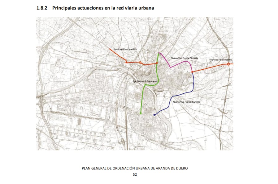 Plano con las principales actuaciones en la red viaria de Aranda previstas en el nuevo PGOU de Aranda, incluida la ronda interna