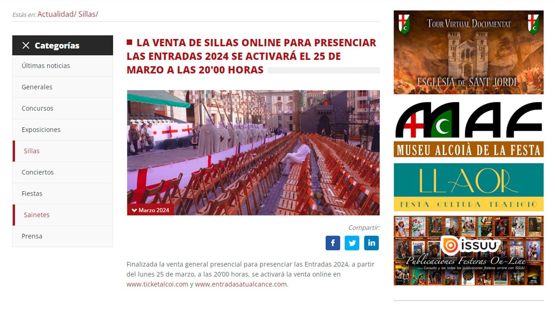 Captura de pantalla de la web de la Asociación de San Jorge donde se redirecciona a las dos webs