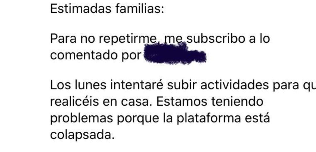 Captura de uno de los mensajes enviados a las familias