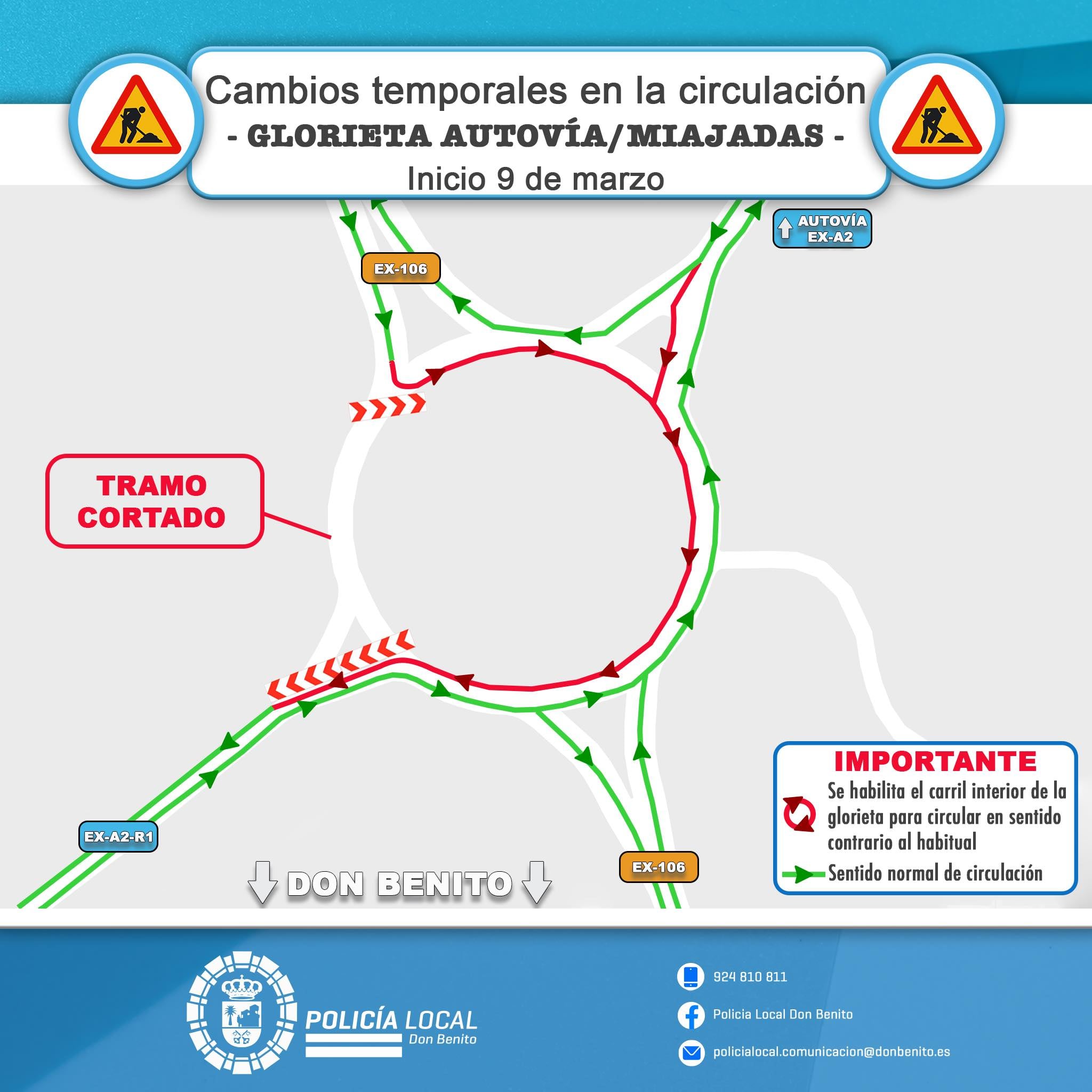 Anuncian cambios temporales de circulación en la glorieta que conecta la EX-106 con la EX-A2